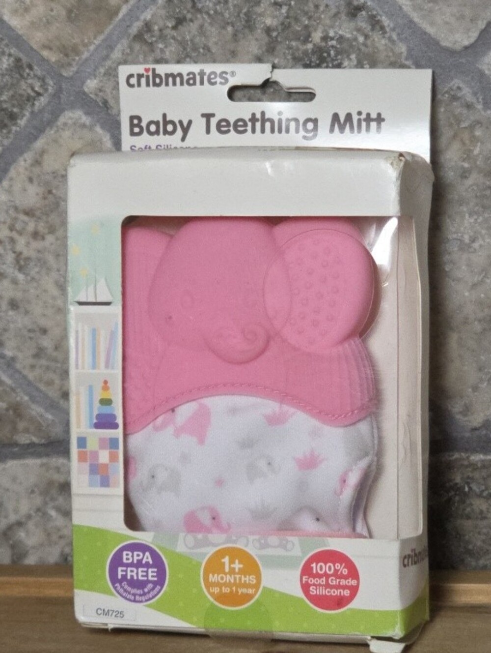 CRIBMATES Baby Teething Mitt Pink Gray 100% Food Grade Silicone